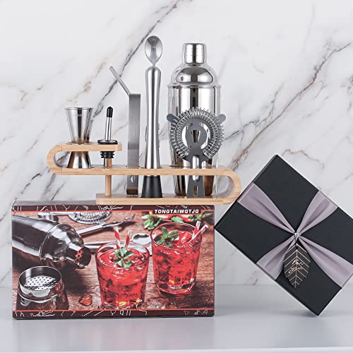 Tongtaiwqtjq Bartender Kit Cocktail Shaker With Stylish Bamboo Stand ,18-Piece Bar Tool Set With Recipes Booklet,Home Drink Mixer Set #TOP5