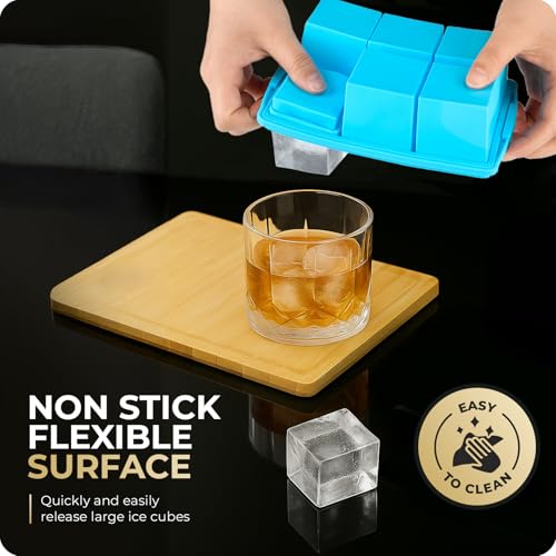 Image of Large Ice Cube Trays for Whiskey, Silicone Ice Cube Tray, with Reinforced Steel Ring Top, Makes 12 perfect 2-in ice cubes, Square Ice Tray for Cocktails, Whiskey, Coffee. (2 Pack)