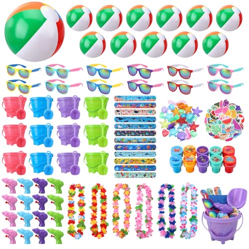 Guiqulai 244 Pcs Pool Beach Party Favors Pool Toys For Kids Including Beach Buckets with Shovels Beach Balls Sunglasses Mini Water Squirts Bubble Wands Stamps Leis Stickers Small Toys for Summer Party