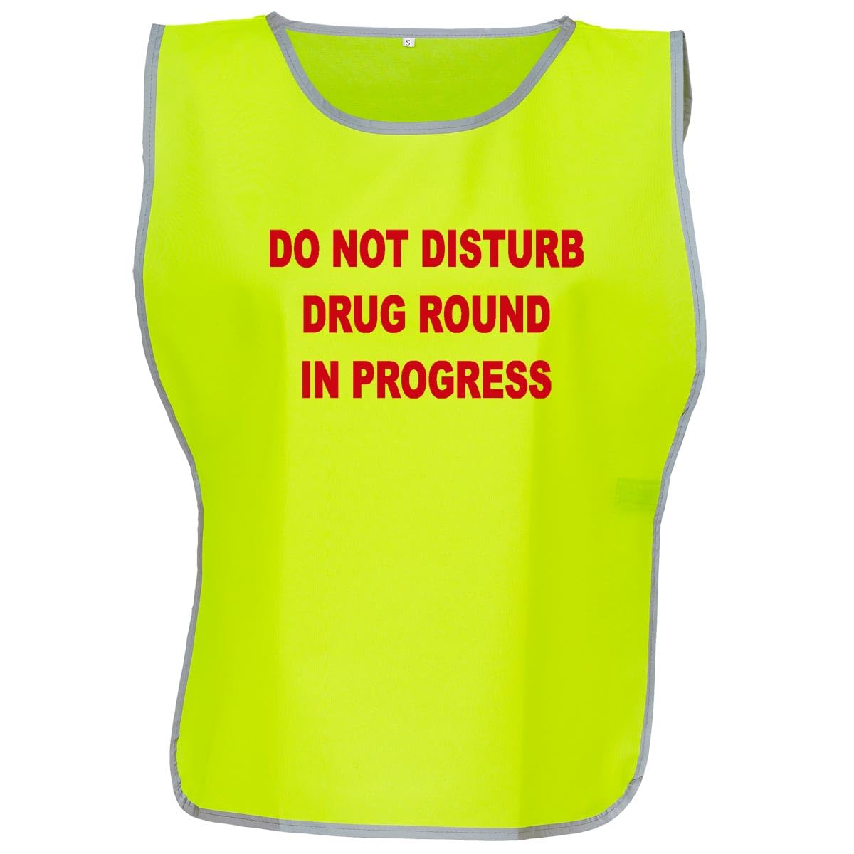 Workwear World 'Drug Round In Progress' Front/Back Printed Text Hi Vis Reflective Trimmed Border Medical Care Home Tabard (UK, Alpha, L, XL, Regular, Regular, Yellow/Red Print)