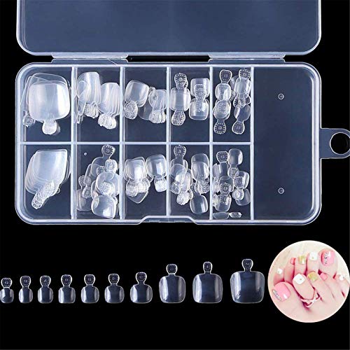 False Toenail Tips Set, Feugole Fake Acrylic Artificial Tips Toe Nail 100 pcs 10 Size Clear Full Cover French Flake Toe Nail Tips for DIY Salon Foot Manicure