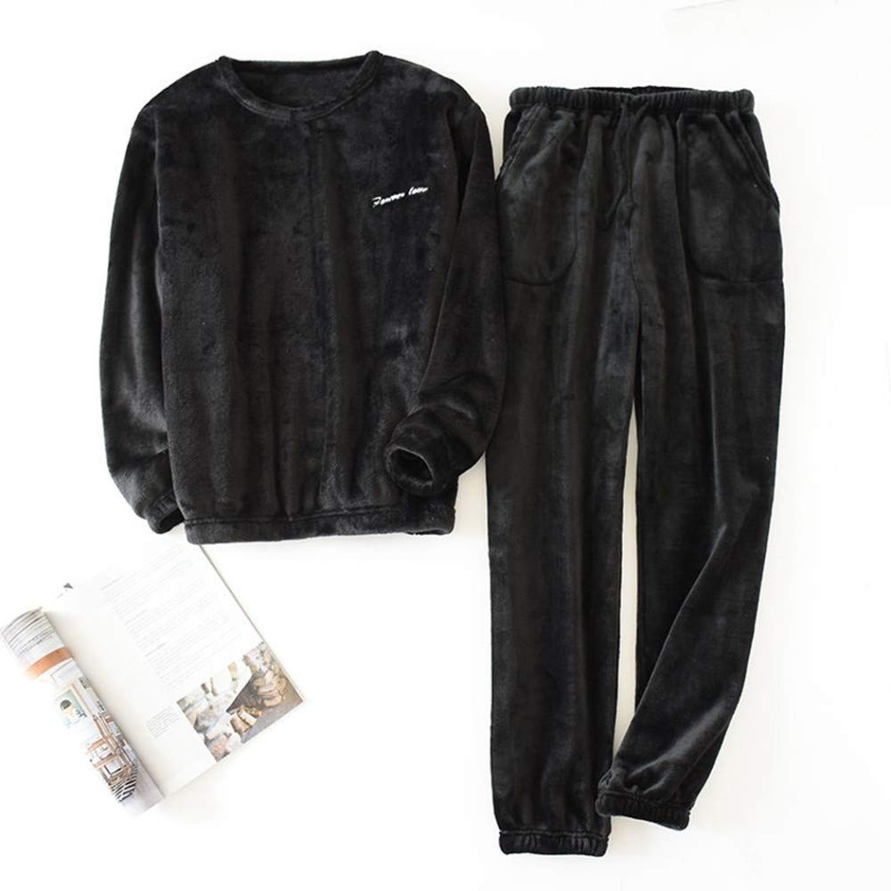 Flanellpyjama Für Herren,Modische Herren Winter Dicke Flanell Pyjama Set Langarm Pyjamas Große Haus Tragen Lässige Pyjamas 2 Stück Set Schwarz Elegante Party Einfachen Schlaf