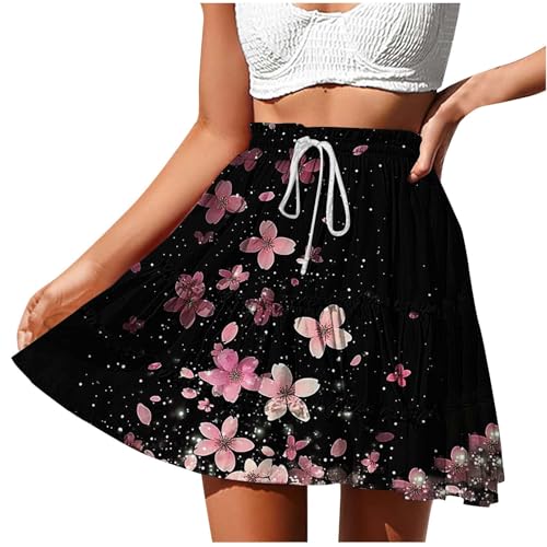 Womens Boho Floral Skirts Pleated Ruffle Tiered High Waisted Drawstring Summer Beach Vacation Mini Skirts