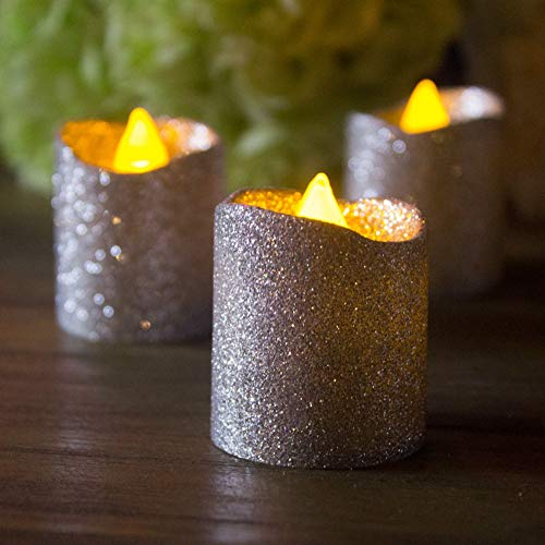 LOGUIDE Silver Flameless Votive Candles,Silver Glitter Battery Operated Flickering Fake LED Tea Lights for Christmas Wedding,Party,Anniversary Decorations,Pack of 12,Pack of 12,