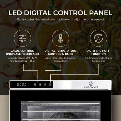 Close-up of the LED Digital Control Panel with labels for Value Control, Digital Temperature Control & Timer, and Auto Shut-Off Function