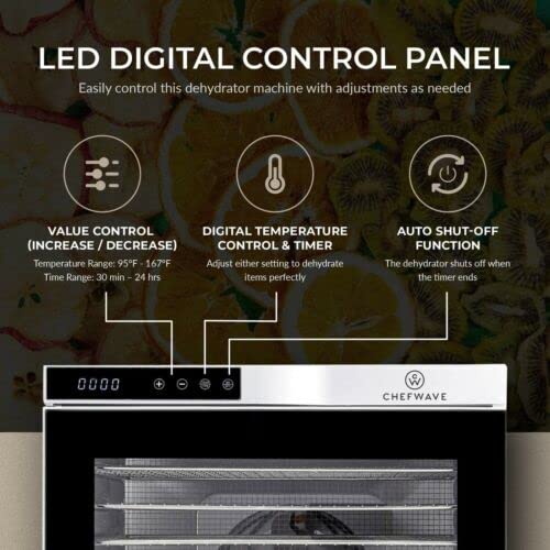 Chefwave Commercial Countertop Electric Food Dehydrator Dryer Machine - Digital Temperature Control & Timer, 10 Stainless Steel Trays - For Dried Fruit/Veggie, Meat Beef Jerky, Herbs Dehydrator #TOP2