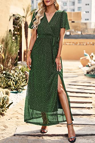 Prettygarden Women's Summer Maxi Glitter Dress Wrap V Neck Ruffle Sleeve Cocktail Party Long Dresses With Slit (Green,Large) #TOP2