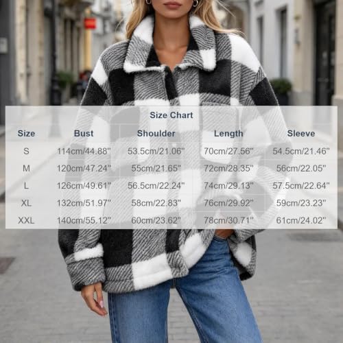 Womens Fleece Plaid Jacket Lapel Button Down Casual Warm Coat with Pockets | Fuzzy Jackets for Women, Fleece Button Up Jackets, Cute Warm Plaid Jacket, Fall Winter Coats — view 4