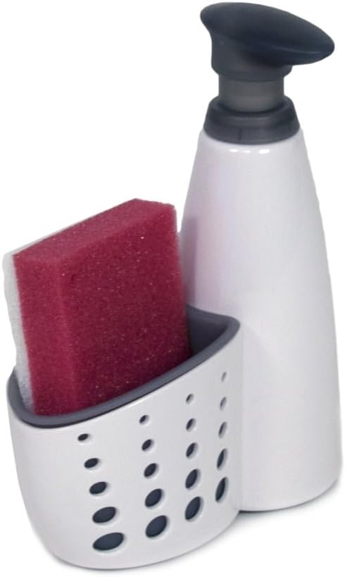 Casabella Sink Sider Kitchen Soap Pump and Sponge Caddy, White/Gray