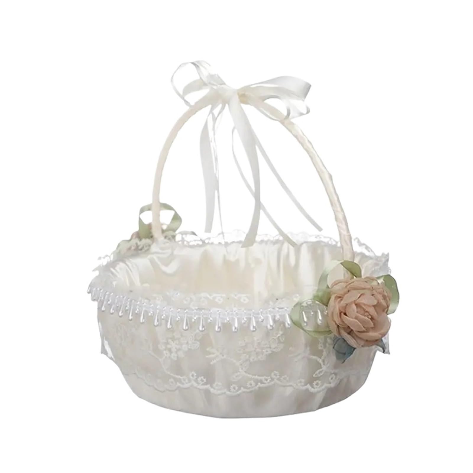 Flower Girl Bow Basket Satin Rose Pearl Handle