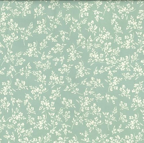 Tissu en coton – Imprimé floral vert sauge et blanc – Tissu pour matelassage