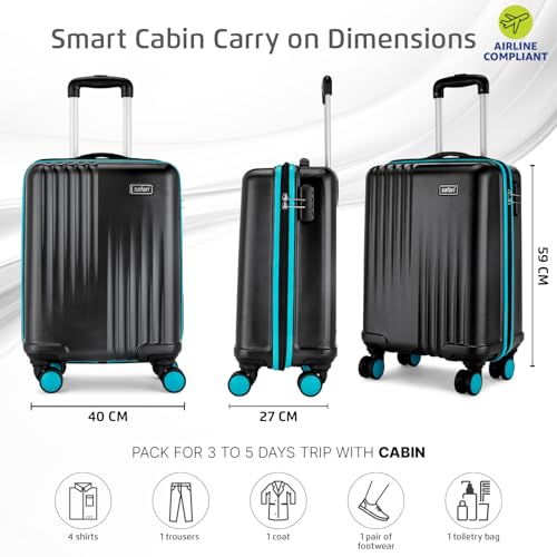 Image of Safari Citymiles 8 Wheels 59 Cm Cabin Size Trolley Bag Hard Case Polycarbonate 360 Degree Wheeling Carry on Luggage, Antitheft Zipper, Travel Bag, Suitcase for Travel, Trolley Bags for Travel, Black