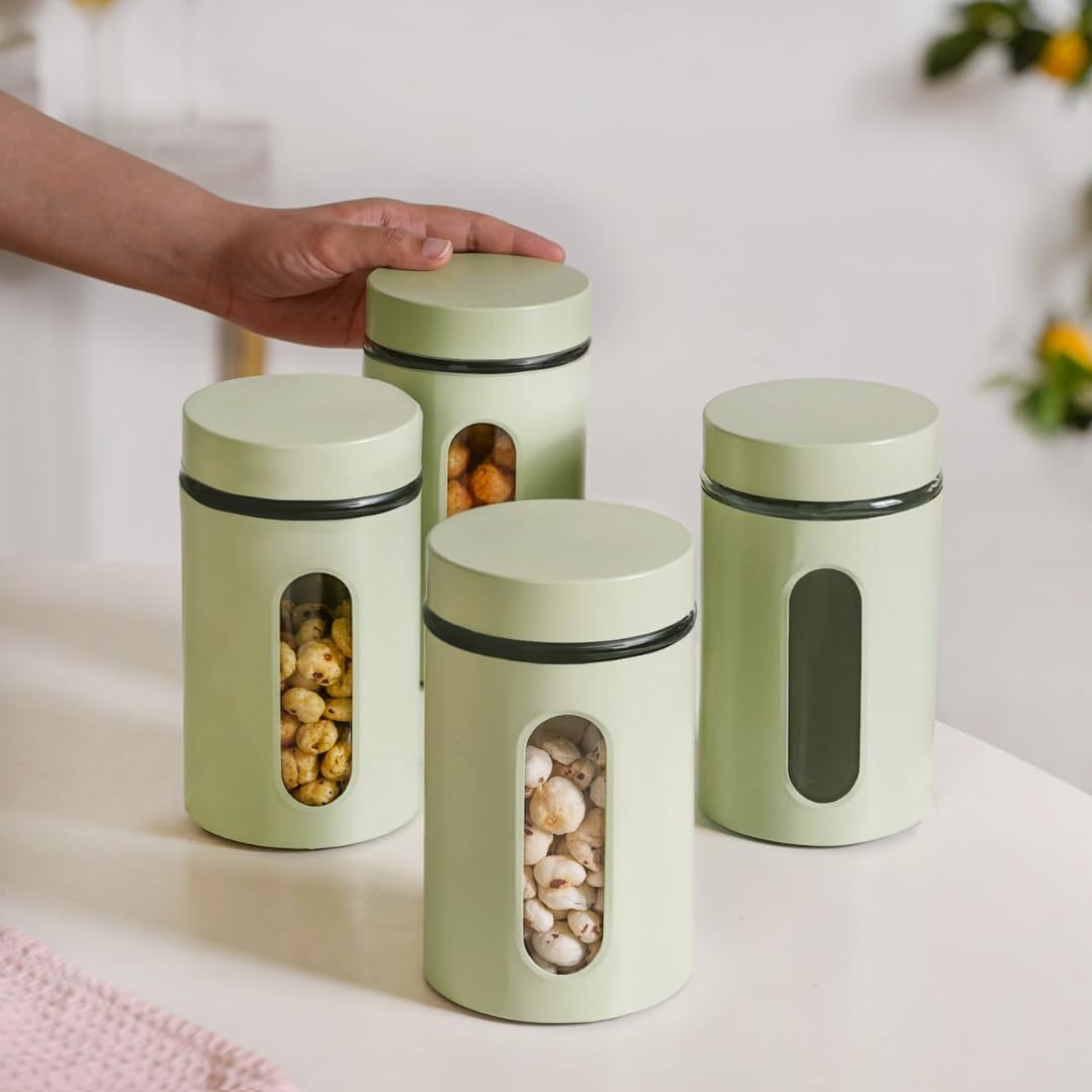 Nestasia Oval Window Metal Jacketed Glass Jars Set of 4 (1000 ml) - Tall Glass Containers for Kitchen Storage with Transparent See - Through Window for Snacks, Dry Fruits, Pickles or Pulses (Green)