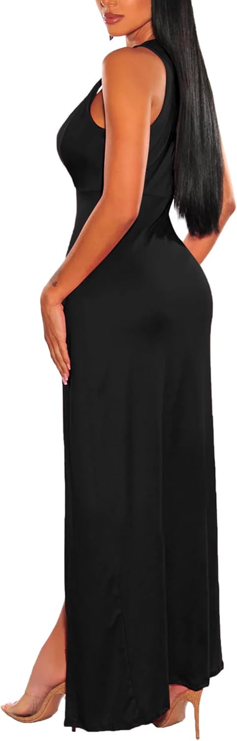 xxxiticat Women's Double Slit Maxi Tank Dress Sleeveless Deep V-Neck Low Cut High Split Cover Up Long Bodycon Wrap Dress - Image 2