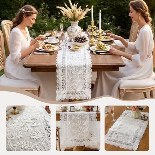 OUZHUHUI White Elegant Vintage Lace Table Runner,Wedding Lace Decor with Floral Embroidery,Tea Party Decor (White, 13.8X79 Inches) by OUZHUHUI - Used condition - Image 4