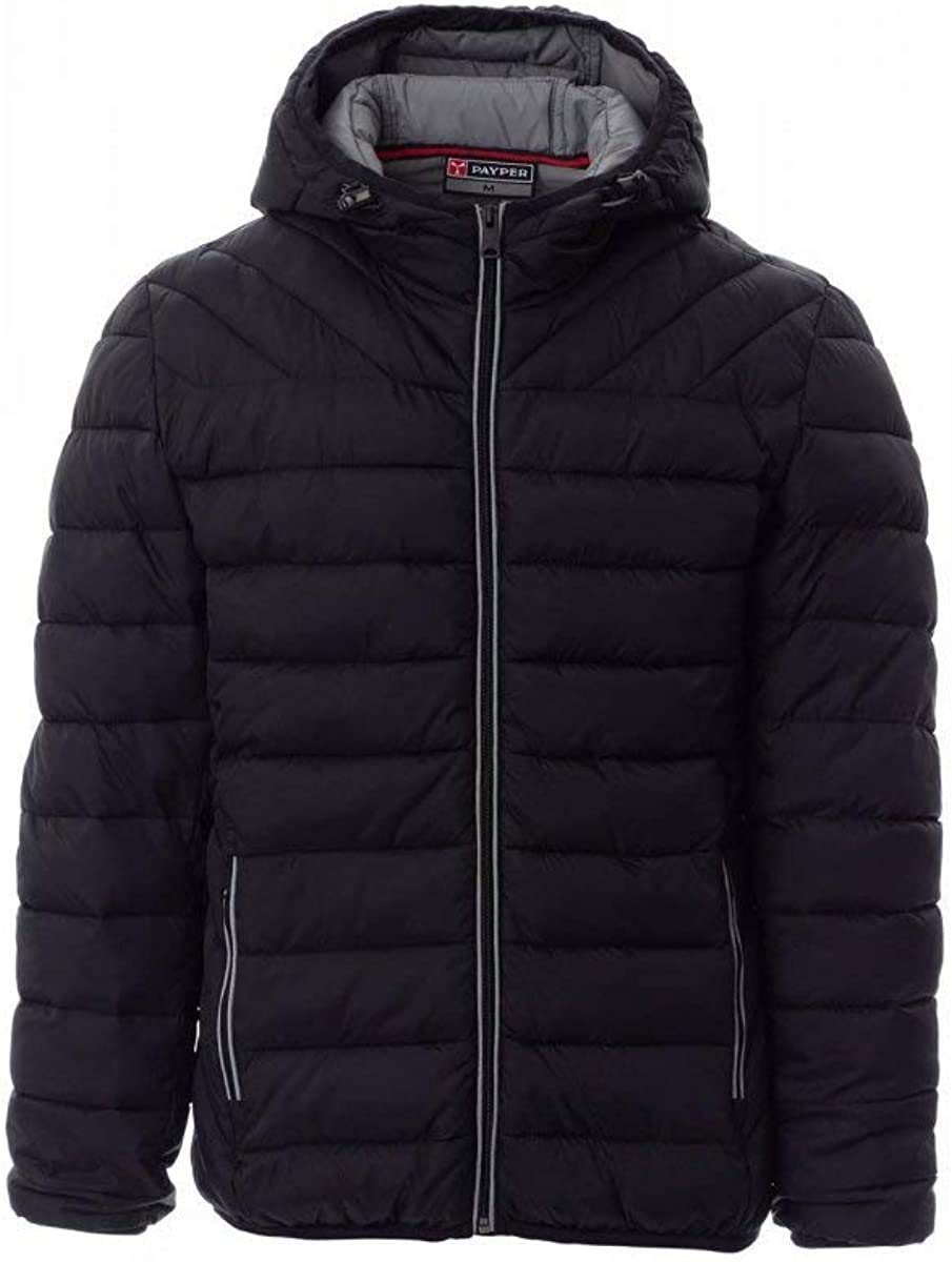 PAYPER FREETIME Giubbino piumino uomo con cappuccio da lavoro 100% nylon imbottito effetto piuma tasche esterne chiusura zip Nero
