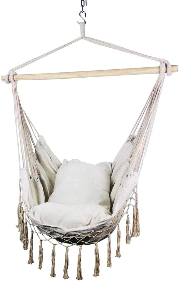 Macrame Lounging Hanging Rope Hammock Chair Porch Swing Seat for Indoor or Outdoor Garden Patio Yard Bedroom With Cushion and Wooden Bar By Hi Suyi