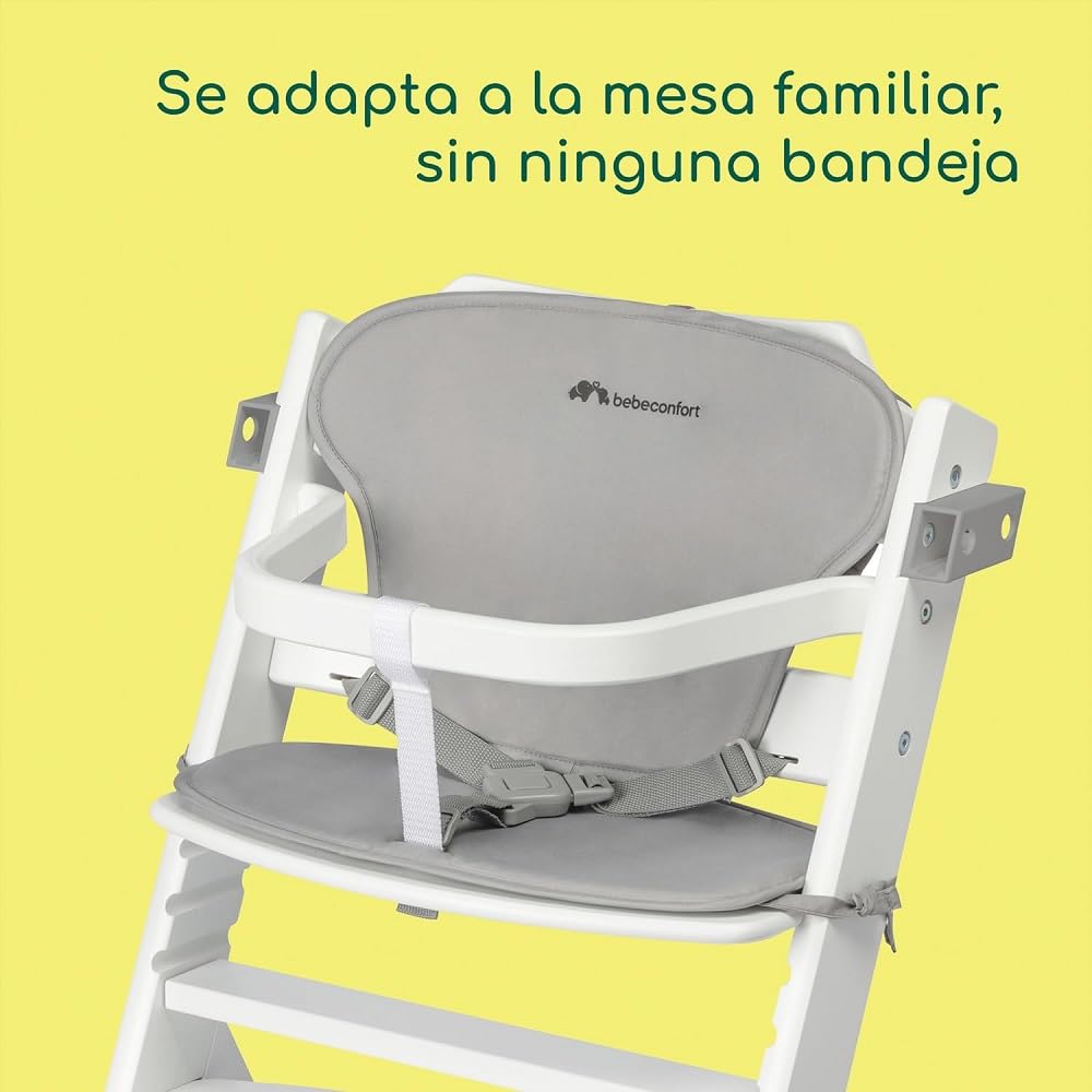 Bebeconfort Timba + Cojín, Trona de Bebé Evolutiva, 6 Meses-99 Años, hasta 110 kg, Bandeja Extraíble, Asiento/Reposapiés Regulables, Arnés Seguridad, Compatible con Timba Baby, White + Grey Mist