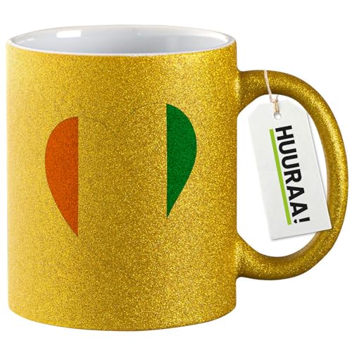Huuraa Glitzertasse Elfenbeinküste Flagge Herz 330ml Gold Keramik Kaffeebecher Geschenkidee