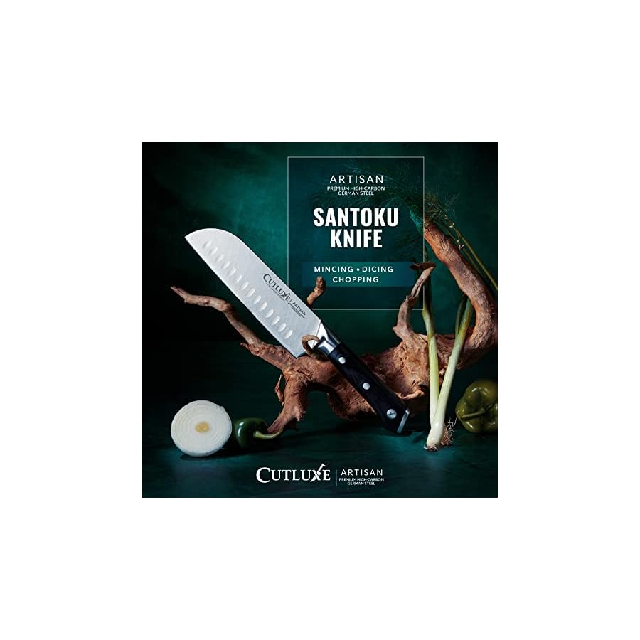 Cutluxe-Santoku-Knife--7-Chopping-Knife-Vegetable-Knife--Forged-High-Carbon-German-Steel--Full-Tang-Razor-Sharp--Ergonomic-Handle-Design--Artisan-Series Cutluxe Santoku Knife – 7" Chopping Knife, Vegetable Knife – Forged High Carbon German Steel – Sheath Included – Full Tang & Razor Sharp – Ergonomic Handle Design – Artisan Series