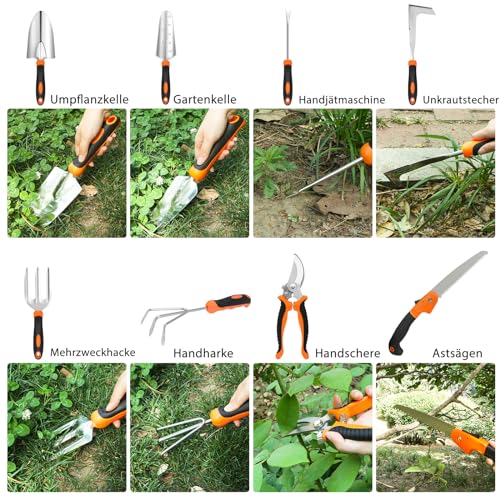 MQHUAYU MQHUAYU Gartenwerkzeug Set, 10 Stück Heavy Duty Gartengeräte Set, Gartenset Werkzeug für Gartenarbeit, Geschenke für Frauen und Männer - Designansicht 6 | TV | Video | Foto
