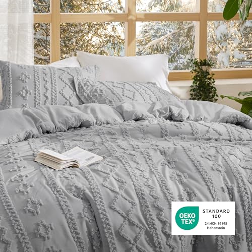 Image of Bedsure Tufted Boho Comforter Set Queen Size - Light Grey Boho Bed Set, GentleSoft 3 Pieces Farmhouse-Style Embroidery Bedding, Gifts for Woman, Soft Jacquard Kids' Queen Comforter for All Seasons