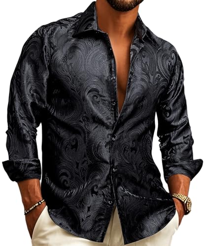 Barry.Wang Solid Black Shirts for Men Paisley Silk Disco Party