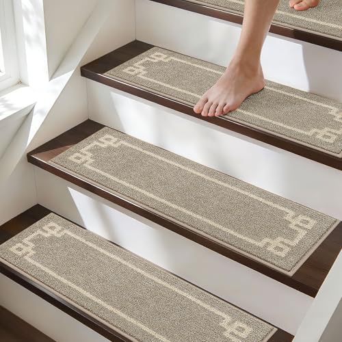 BEQHAUSE Stair Treads for Wooden Steps Non Slip Washable Carpet Stair Treads with Reusable Residue Free Backing Soft Polyester Stair Rugs Indoor for Kids Elders and Dogs, 15pcs,Taupe
