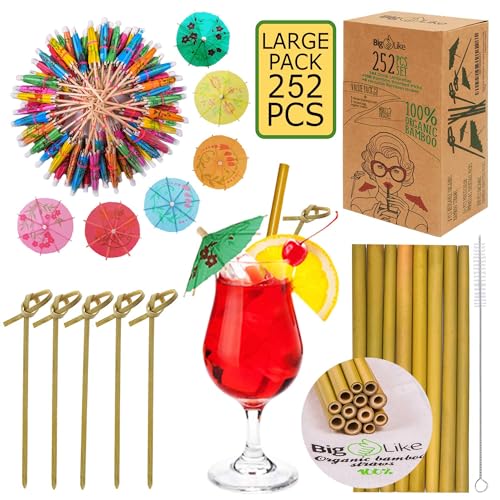 252 Pcs Cocktail Accessories for Drinks -144 Drink Umbrellas, 100 Bamboo Knot Picks 6", 8 Organic Bamboo Straws - Cocktail Umbrellas for Drinks, Appetizer Toothpicks, Tiki Cocktail Picks