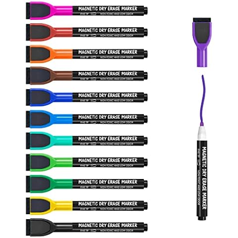 maxtek Whiteboard Stifte, 12 Stück Magnetische, Trocken Abwischbare Marker, Whiteboard Marker mit Feiner Spitze, Folienstift Abwischbar Geruchsarmer Erase Marker mit Radiergummi Cover
