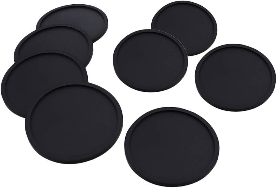 OMALOO Drink Coasters, Non-Slip Round Cup Mat Mug Black Coaster for Protecting Tables Furniture, Set of 8