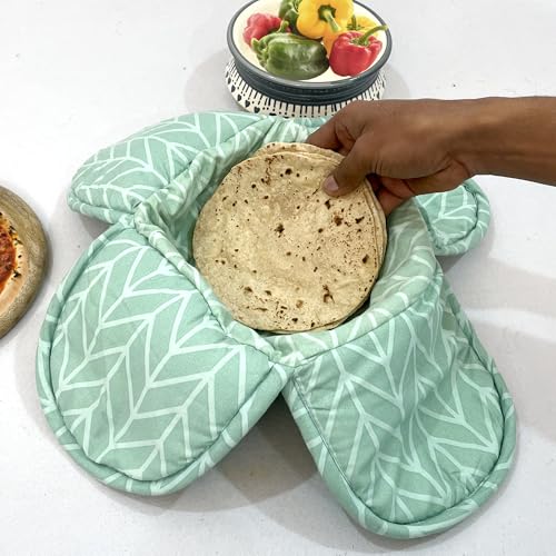 Image of Swayam Microfiber Cloth Roti Casserole | Hot Chapati Box | Washable Bread Basket | 22 cm Round Roti Basket | Geometric Design - Green