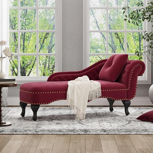Christopher Knight Home Molan Velvet Upholstered Chaise Lounge Chair Indoor, Wooden Chaise Lounge Sofa with Scrolled Backrest, Living Room Lounge Chair with Right Armrest+Accent Pillow, Burgundy