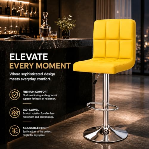 Image of Kemon KaiMeng Modern Adjustable Swivel Bar Stool Chair with Backrest, PU Leather Hydraulic Counter Stool with Footrest for Kitchen Island, Cafe & Home Bar, Yellow, Square Tufted Back Stool
