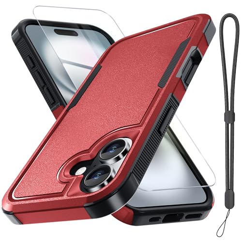 RMOCR Case for iPhone 17 Phone Cover with Screen Protector,Military Grade Heavy Duty Shockproof PhoneCase with Wrist Lanyard Strap,2025 Red