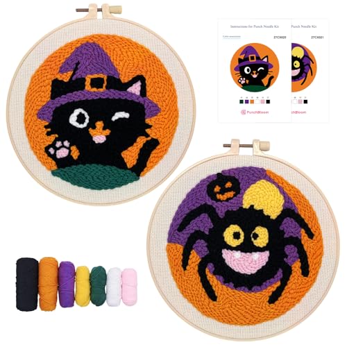 Image of Halloween Punch Needle Kit for Adult Beginner, Easy Punch Embroidery Starter Set with Instruction, Fun DIY Needle Point Craft for Home Decor & Holiday Gift Idea(2pcs Cat & Spider)
