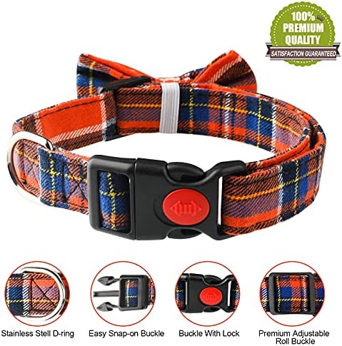 Dog Bow Tie, Funow Plaid Bow Tie Dog Collar Unique Buckle Soft Comfortable, Adjustable comfy Bowtie for Small Medium Large Dogs Cats Pets Durable Cotton Best Gift Cute Bowtie Detachable S Orange