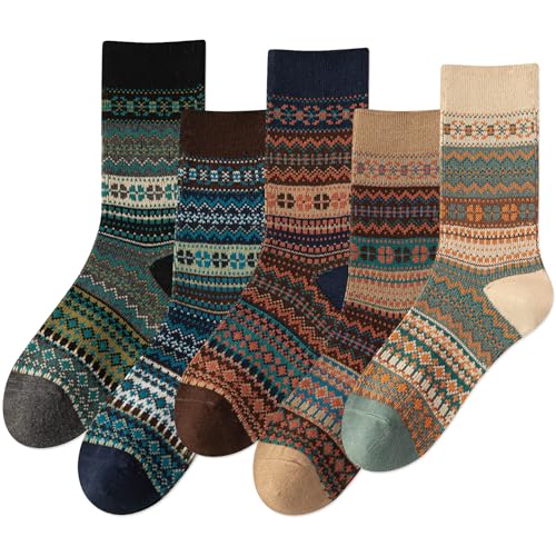 Image of IIG 3-5 Pairs Womens Vintage Cozy Crew Socks Soft Cute Neutral Cotton Socks Exquisite Patterns Socks Gift