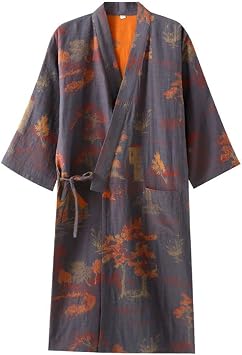 Japanese Style Printed Jacquard Robe Breathable Soft Bathrobes Kimono Pajamas Lightweight Loungewear Classic Nightwear with Pockets for Men