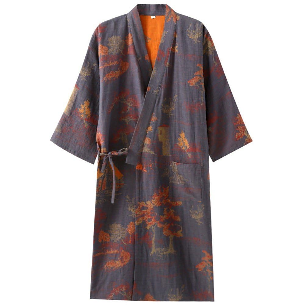 Uzztfa Men's Blue+Grey Kimono Robe Yukata Spa Bathrobe Sleepwear Japanese Kimono Loungewear Nightgown Dressing Bathrobe Pajamas Sleepwear With Pocket