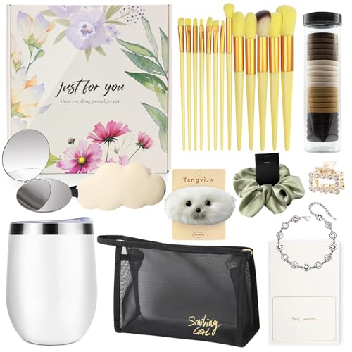 Teen Girl Makeup & Self-Care Gift Set Ages 10–16, 12-Piece Beauty Accessories Box with Makeup Brushes, Hair Accessories, Plush Dolphin Clip, Insulated Stainless Steel Tumbler & Sleep Mask