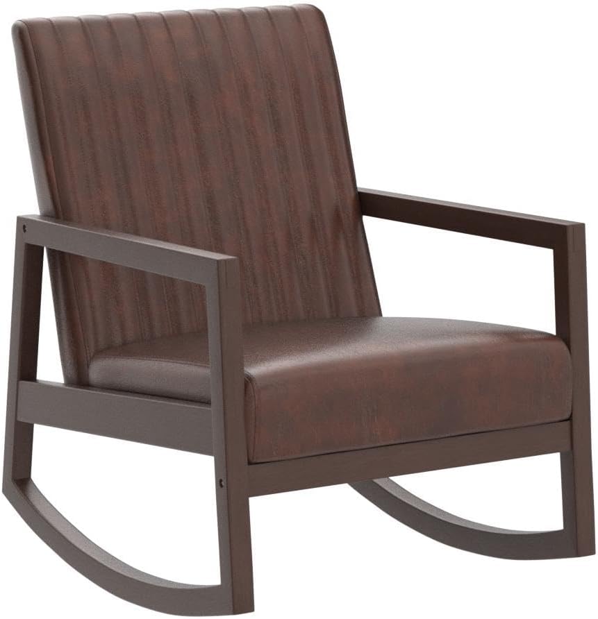 Faux Leather Rocking Armchair for Nursery Mid Century Modern Recliner Accent Comfy Lounge Arm Chair for Bedroom/Living Room, Vintage Brown PU Pu Dark Brown Rocking Chair