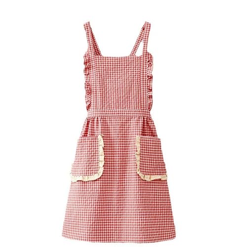 RchleaKry Small Check Apron with Pocket, Women's Slim Cotton Apron, Kitchen Aprons Chef Bib Aprons, Gift, Weight within 150lb (Brick red)