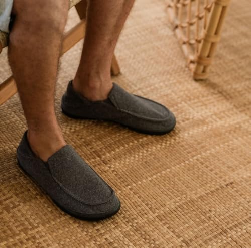 Image of OluKai Moloa Hulu Men's Wool-Blend Slippers, Soft & Heathered Knit Slip On Shoes, Suede Leather Foxing, Drop-In Heel Design