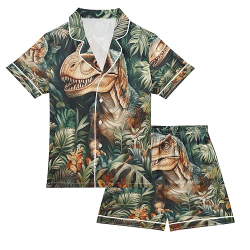ALAZA Dinosaur Dragon Palm Leaves Satin Pajamas Set Short Sleeve Button Down Sleepwear Summer Pjs 2 Piece