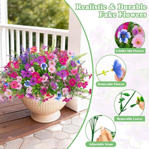 Image of Bassion 20 Bundles Artificial Flowers for Outdoors Fake Flowers, Multi | UV resistant, silk fake flowers with lavender and ferns shrubs, faux plants, outdoor planters porch garden home decorations