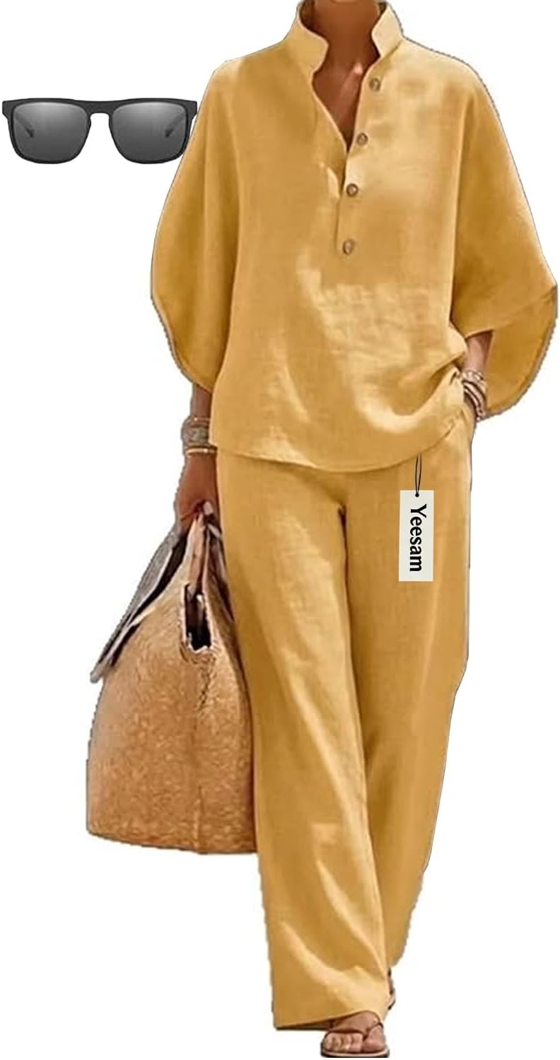 Yeesam Women's Batwing Sleeve Linen Cotton Two-Piece Set – Casual Shirt & Wide Leg Pants Outfit Comfortable Breathable Fabric