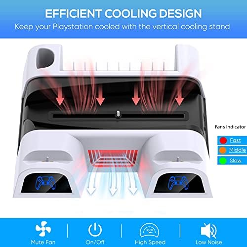 5 in 1 Vertical Stand for PS5/PS5 Digital Edition with Cooling Fan 3 Adjustable Level and Controller Charger Dock Fast Charging with LED Indicator, 2 Holder Hanger, Remote &10 Game Rack Organizer
