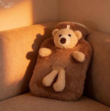 Hot Water Bag, Cute Stuffed Animal Cover with Plush Bear Design, 1000ml Cartoon Warm Water Bag, for Arthritis and Menstrual Cramps Relief (Brown)