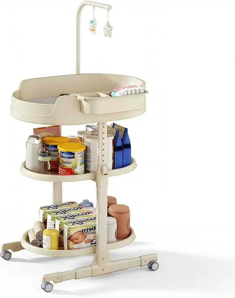 Portable Baby Changing Table, Foldable Diaper Changing Station with Wheels, Adjustable Height & Waterproof Pad, Mobile Nursery Organizer for Infant Care & Essentials (Beige)